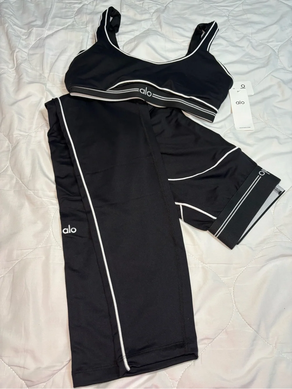 ALO Yoga Kids Black Swim Top & Shorts with White Trim